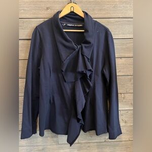 Tribal DeNime Navy Ruffle Front Cardigan with Asymmetrical Zip